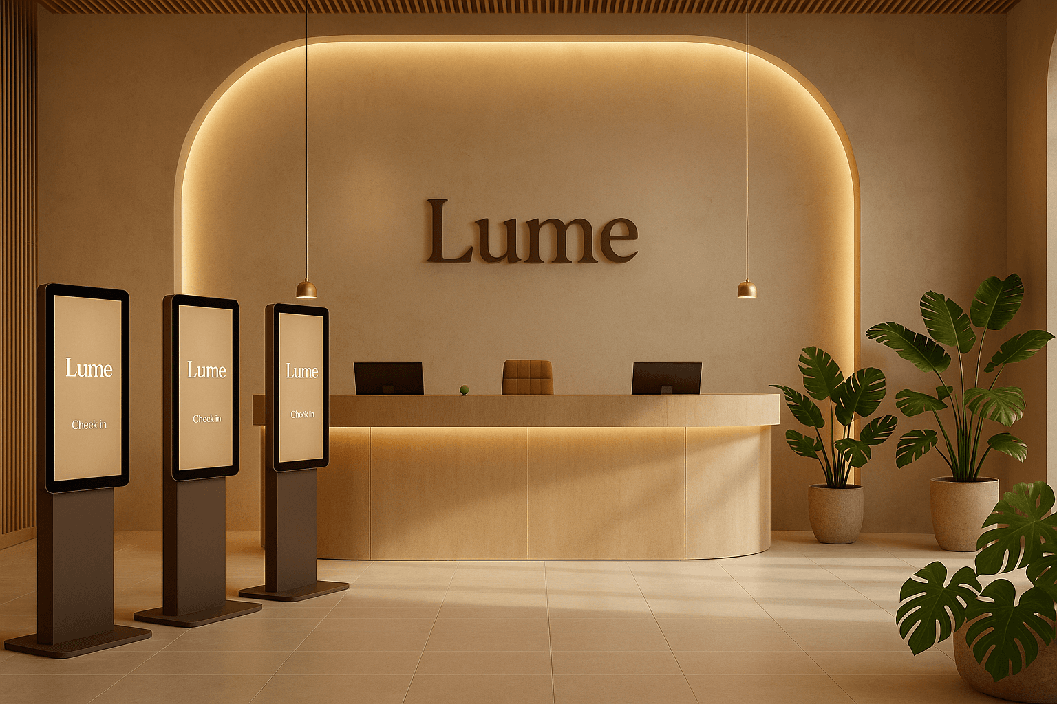Lume arrival lobby with self check-in kiosks
